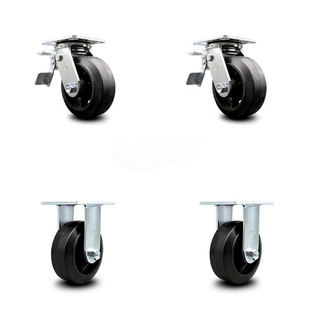 Service Caster 6 Inch Rubber on Steel Caster Set with Roller Bearings 2 Brakes 2 Rigid SCC SCC-TTL30S620-RSR-2-R-2